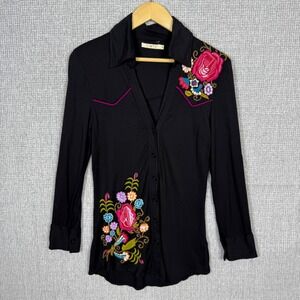 CAITE Sz S Embroidered Western Shirt Floral‎ LS Boho Roll Tab Top Black Soft